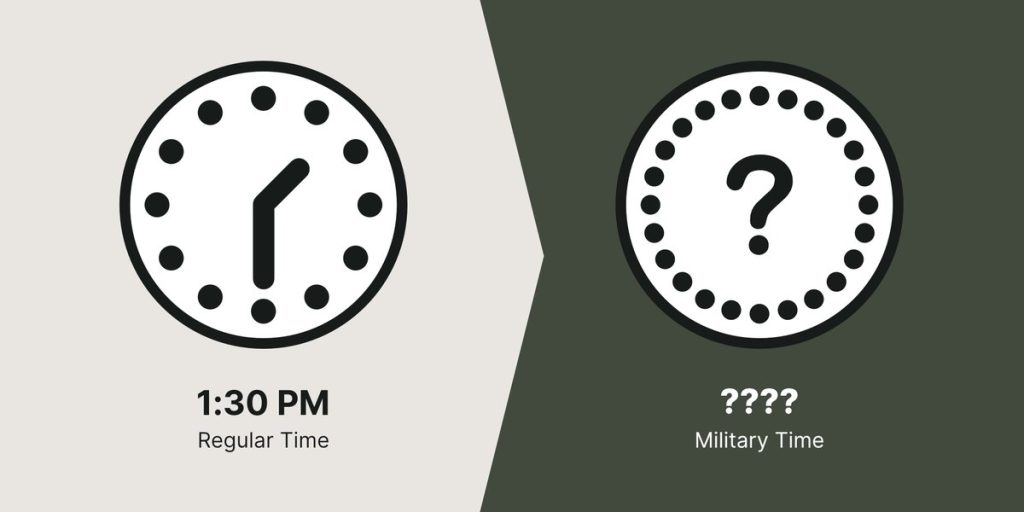 1:30 PM represented on a regular clock and an unknown time on the military clock