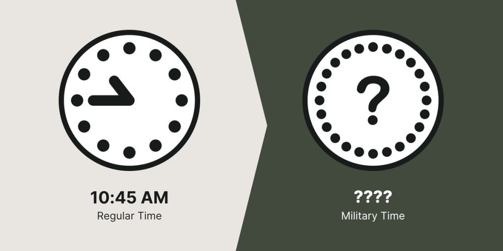 10:45 AM represented on a regular clock and an unknown time on the military clock