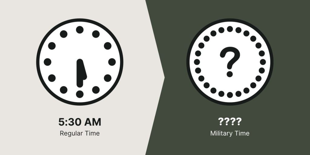 5:30 AM represented on a regular clock and an unknown time on the military clock