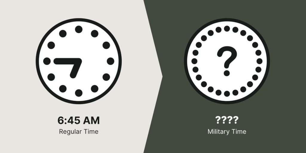 6:45 AM represented on a regular clock and an unknown time on the military clock