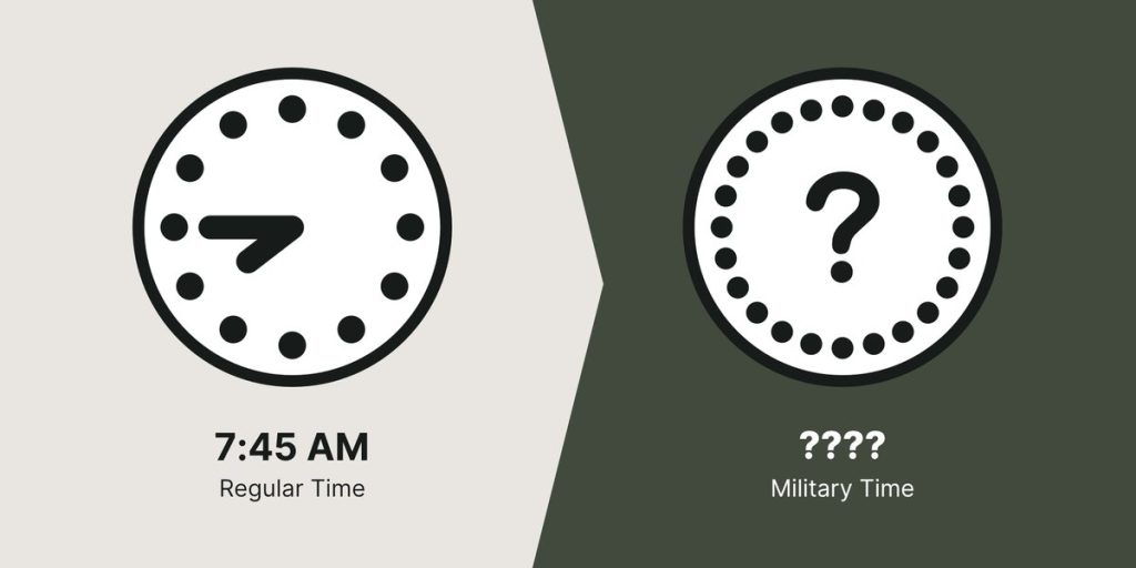 7:45 AM represented on a regular clock and an unknown time on the military clock