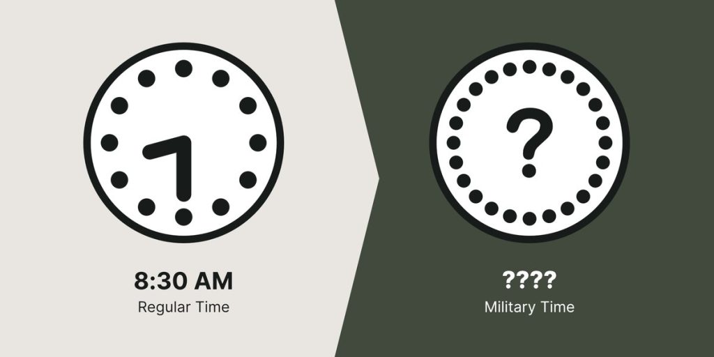 8:30 AM represented on a regular clock and an unknown time on the military clock